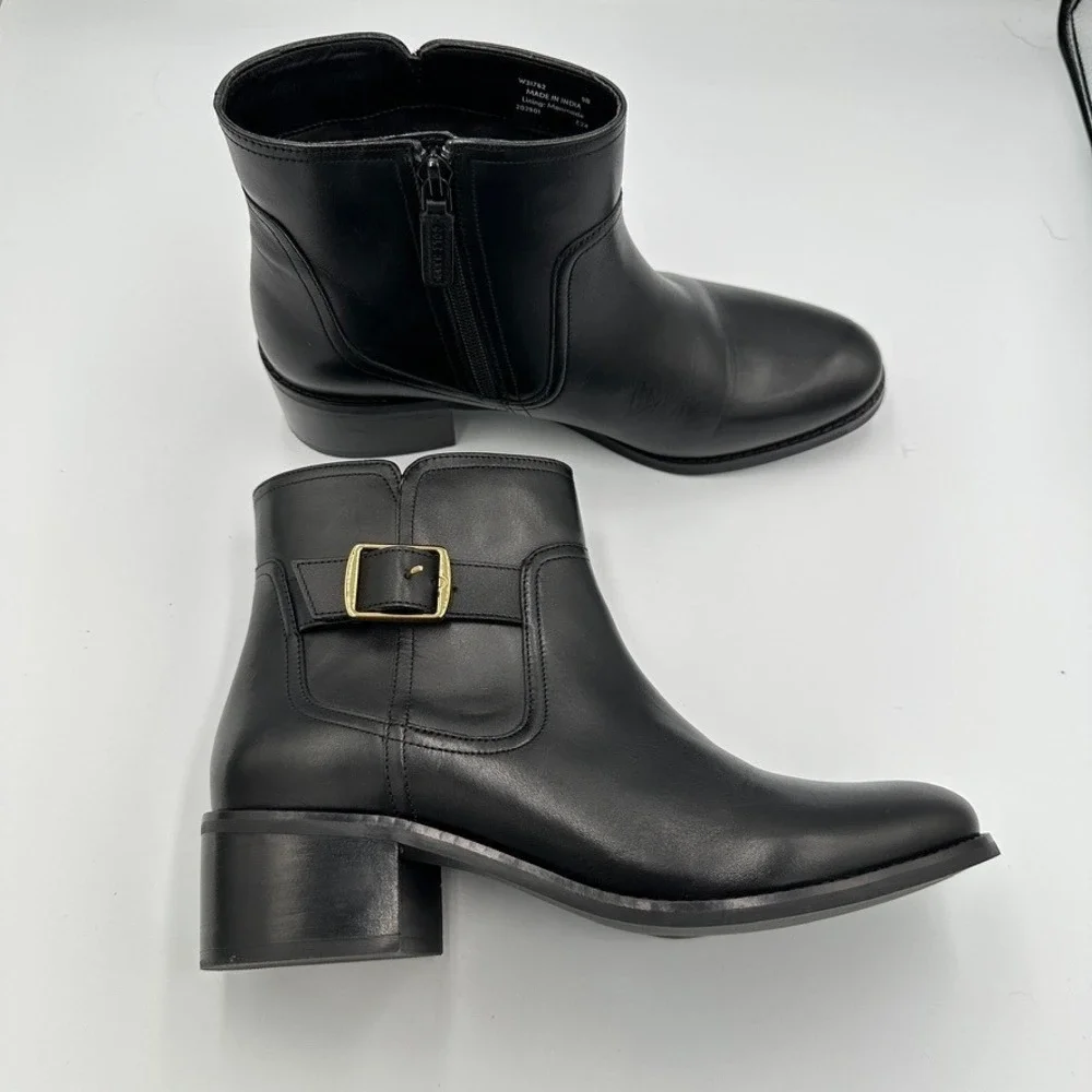 Cole Haan Women's Size 9 Black Leather Buckle Zip Ankle Boots Heels Classic City